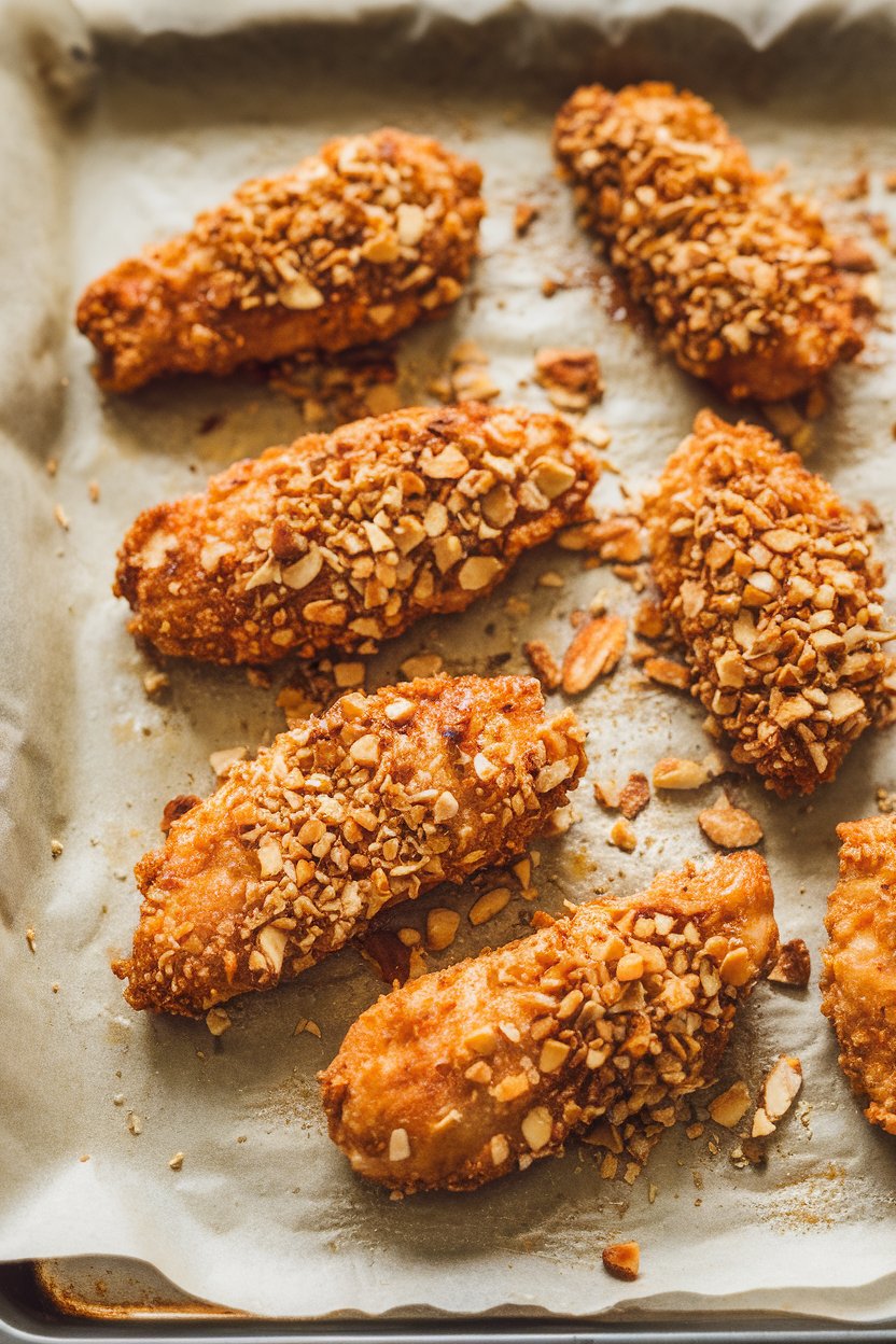 Photo of crispy baked chicken tenders coated in crushed almonds on a parchment-lined tray indoors; no text or logos visible.