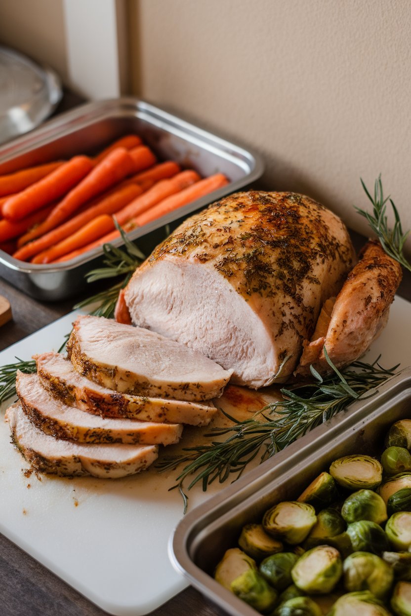 A carving board indoors with slices of herb-roasted turkey breast, side containers of roasted carrots and Brussels sprouts. No logos.
