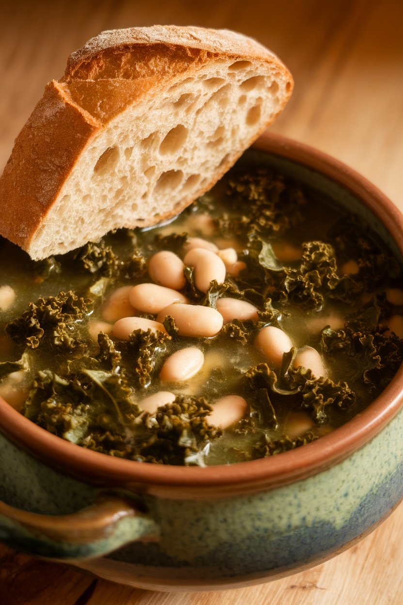 Indoor shot of a ceramic bowl brimming with chunky kale and cannellini bean soup, a slice of crusty bread leaning against the rim. No text or logos.