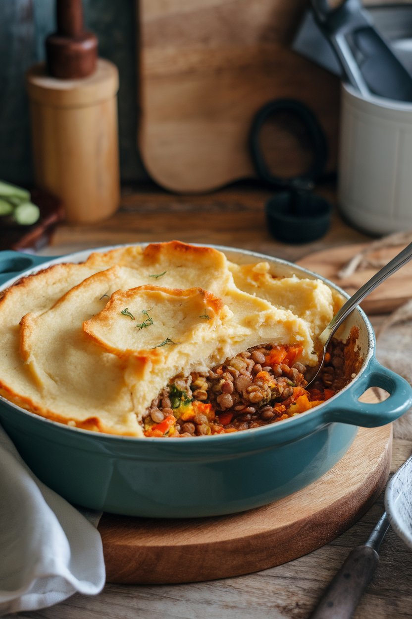 Indoor casserole dish of golden mashed potato-topped shepherd’s pie, a serving spoon revealing lentil and veggie filling underneath. No text or logos.
