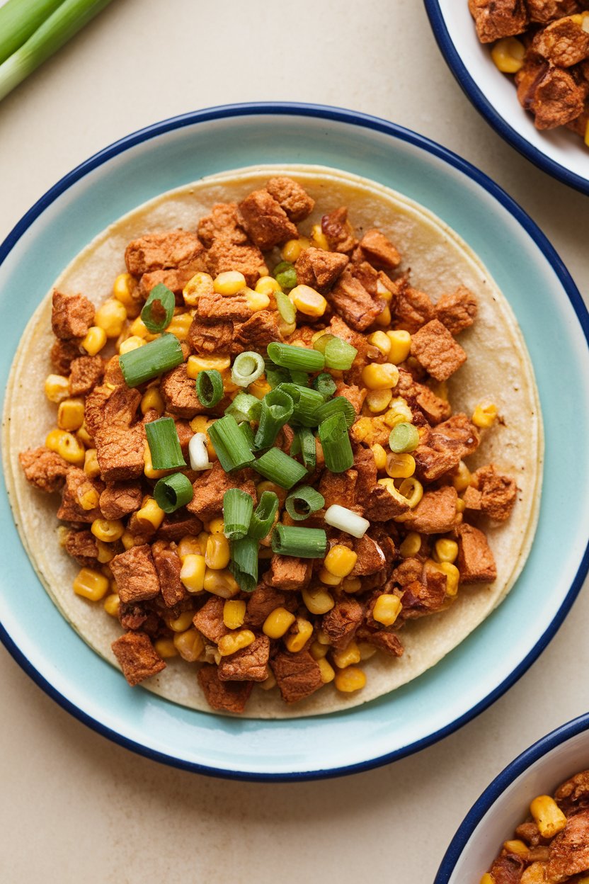 Photo of indoor plate with crumbled tempeh and roasted corn taco filling, topped with green onion. No text or logos.