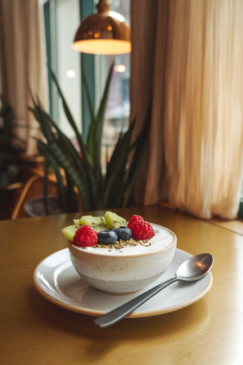 An indoor café table with a small bowl of thick coconut yogurt topped with mixed berries, kiwi slices, and hemp seeds. No text or logos; photo, not illustration.