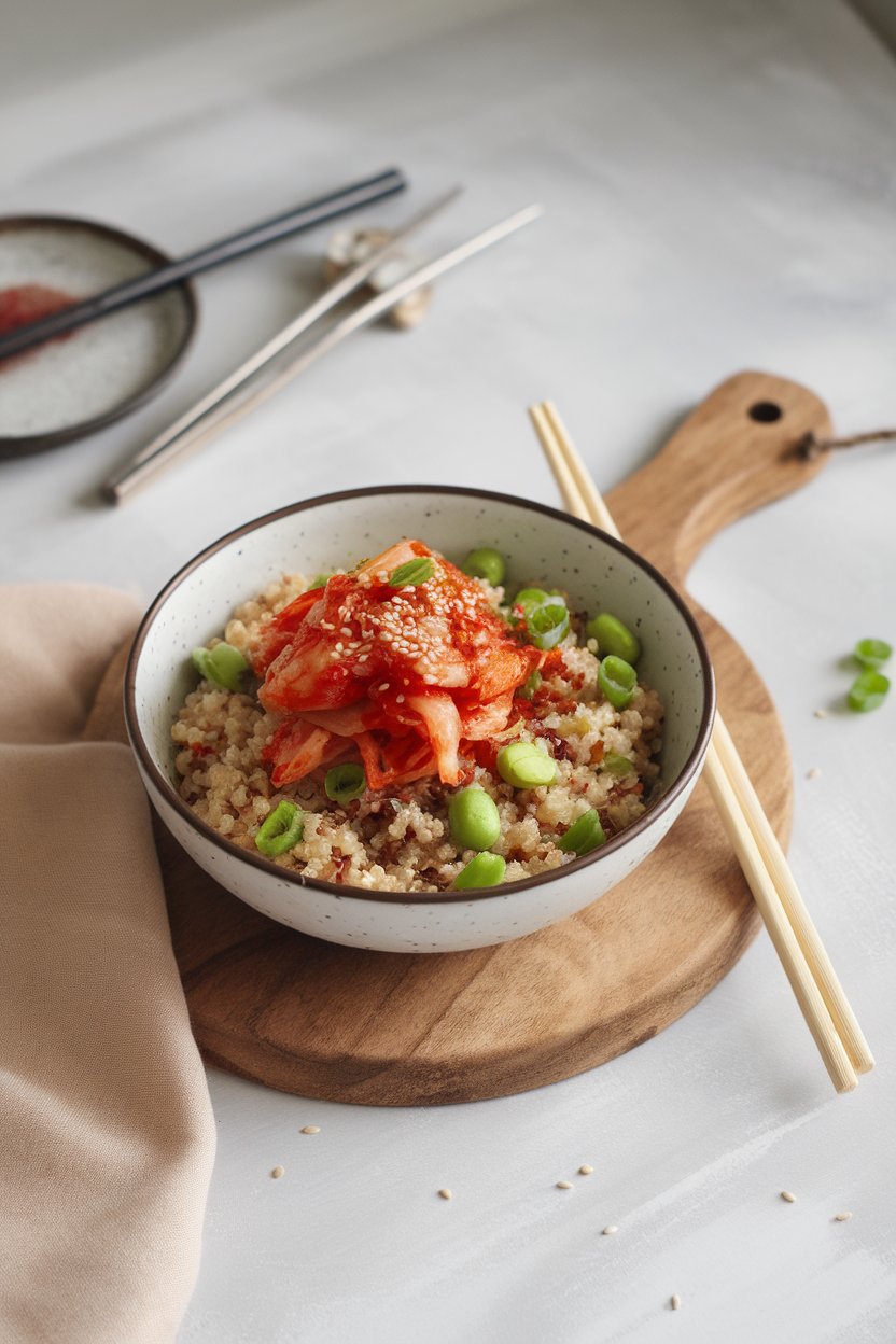 Indoor minimalist setting featuring a bowl of quinoa studded with chopped kimchi, edamame, scallions, and sesame seeds. Photo only, no text or logos.