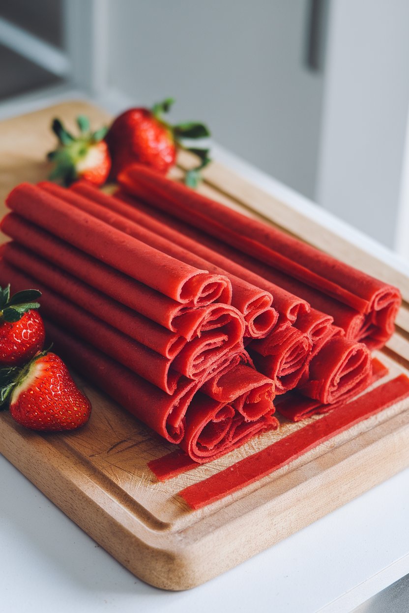 Indoor cutting board with thin strawberry fruit leather strips rolled tightly. No text or logos.