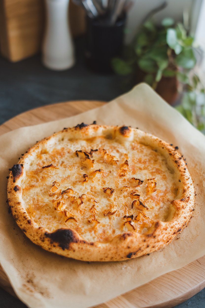 Indoor photo of a round baked cauliflower pizza crust on parchment, edges golden, no toppings yet, no text or logos