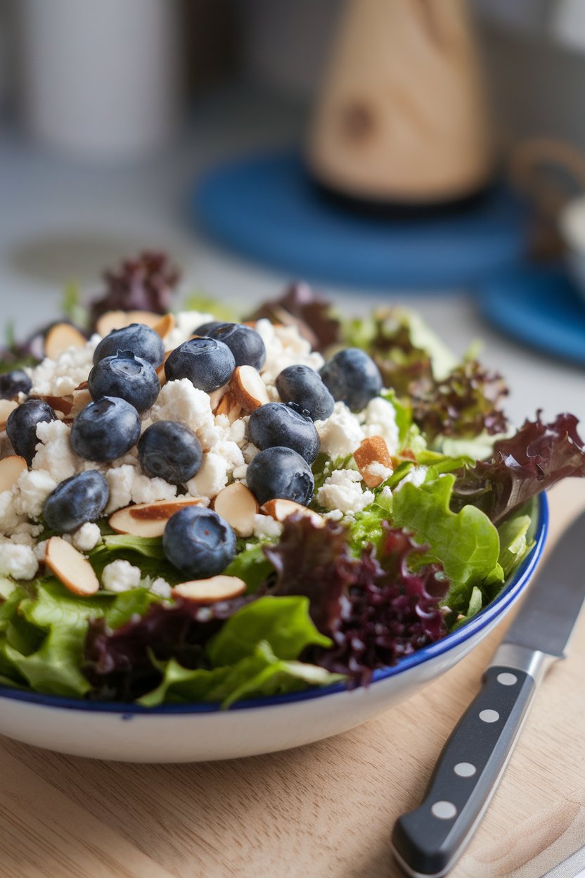 Photo of mixed salad greens dotted with fresh blueberries, crumbled feta, and sliced almonds, shot indoors, no text or logos.