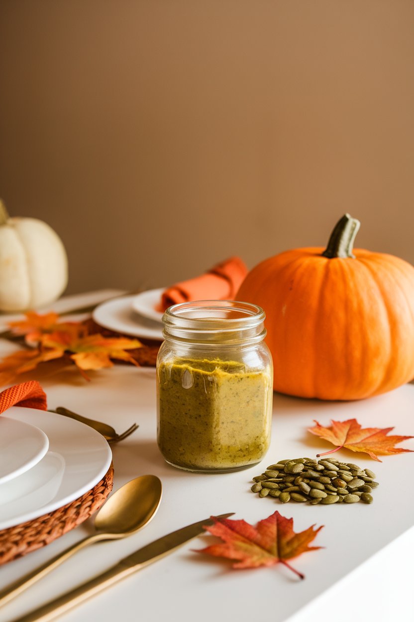 Indoor autumn-themed table with a jar of greenish pumpkin seed maple dressing, pumpkin seeds and mini maple leaf accents. Photo, not illustration. No text or logos.