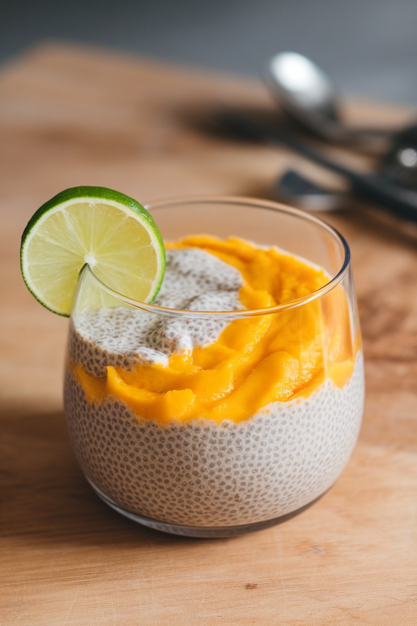 Photo prompt: An indoor tabletop with a clear bowl of creamy chia pudding layered with pureed mango and a wedge of lime on the rim. No text or logos on dishware.