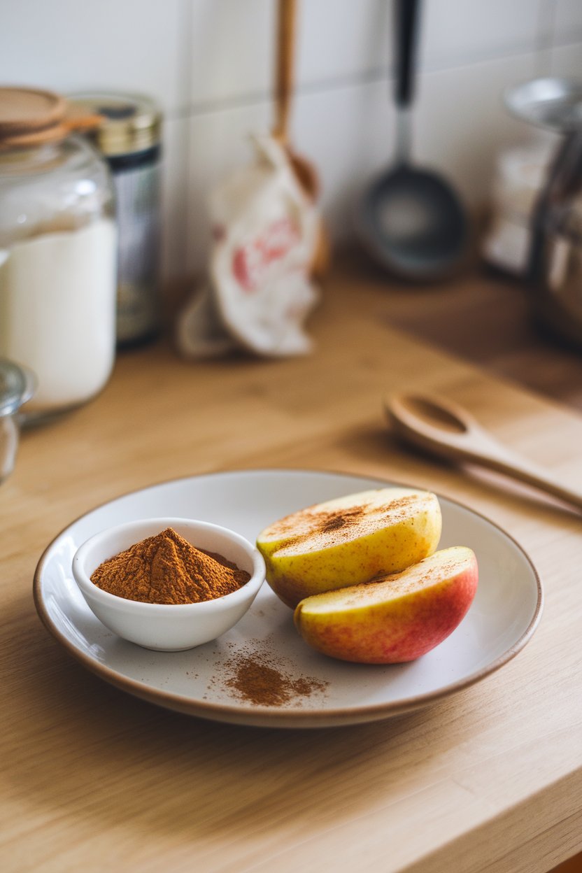 An indoor kitchen scene with a small bowl of ground cinnamon and a sliced baked apple sprinkled on top, no text or logos, photo only