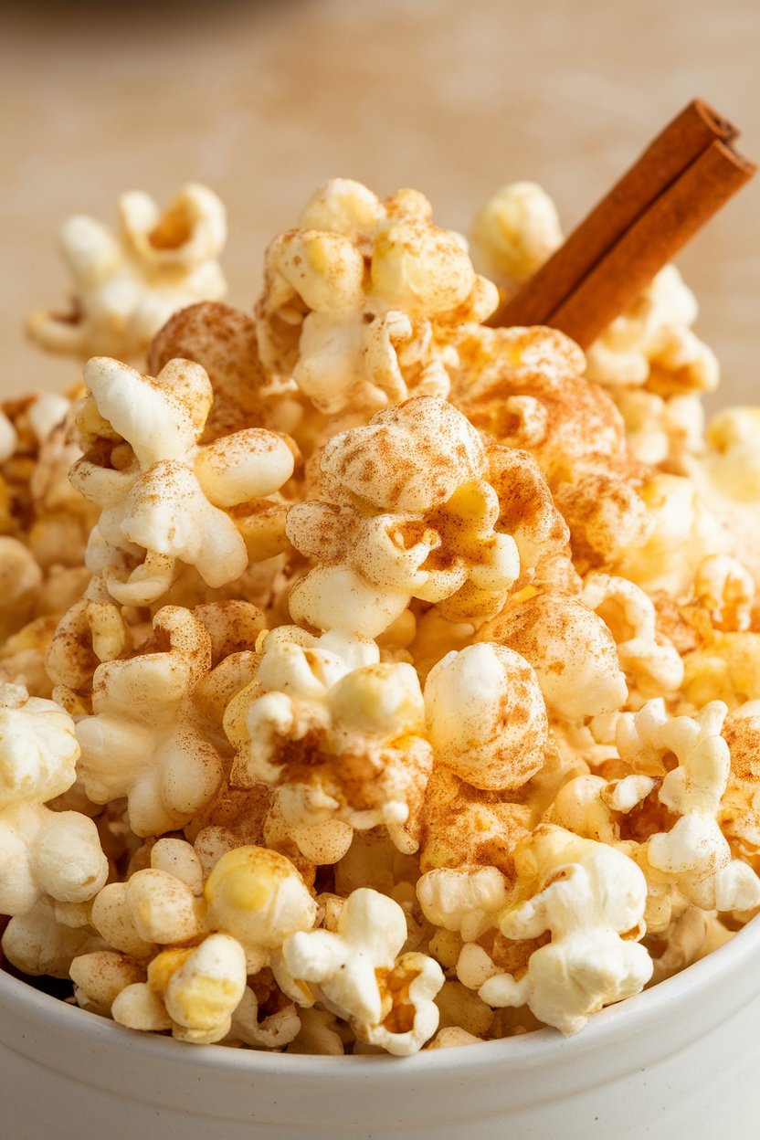 Indoor photo of a bowl of air-popped popcorn lightly glazed with maple syrup and cinnamon, close-up shot. No text or logos.