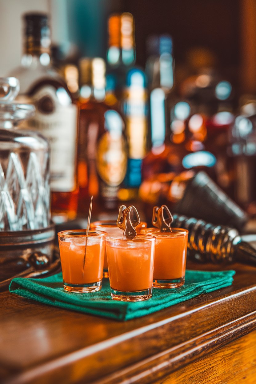 Photo of orange shots with micro copper-mug pick, indoor bar; no logos visible.
