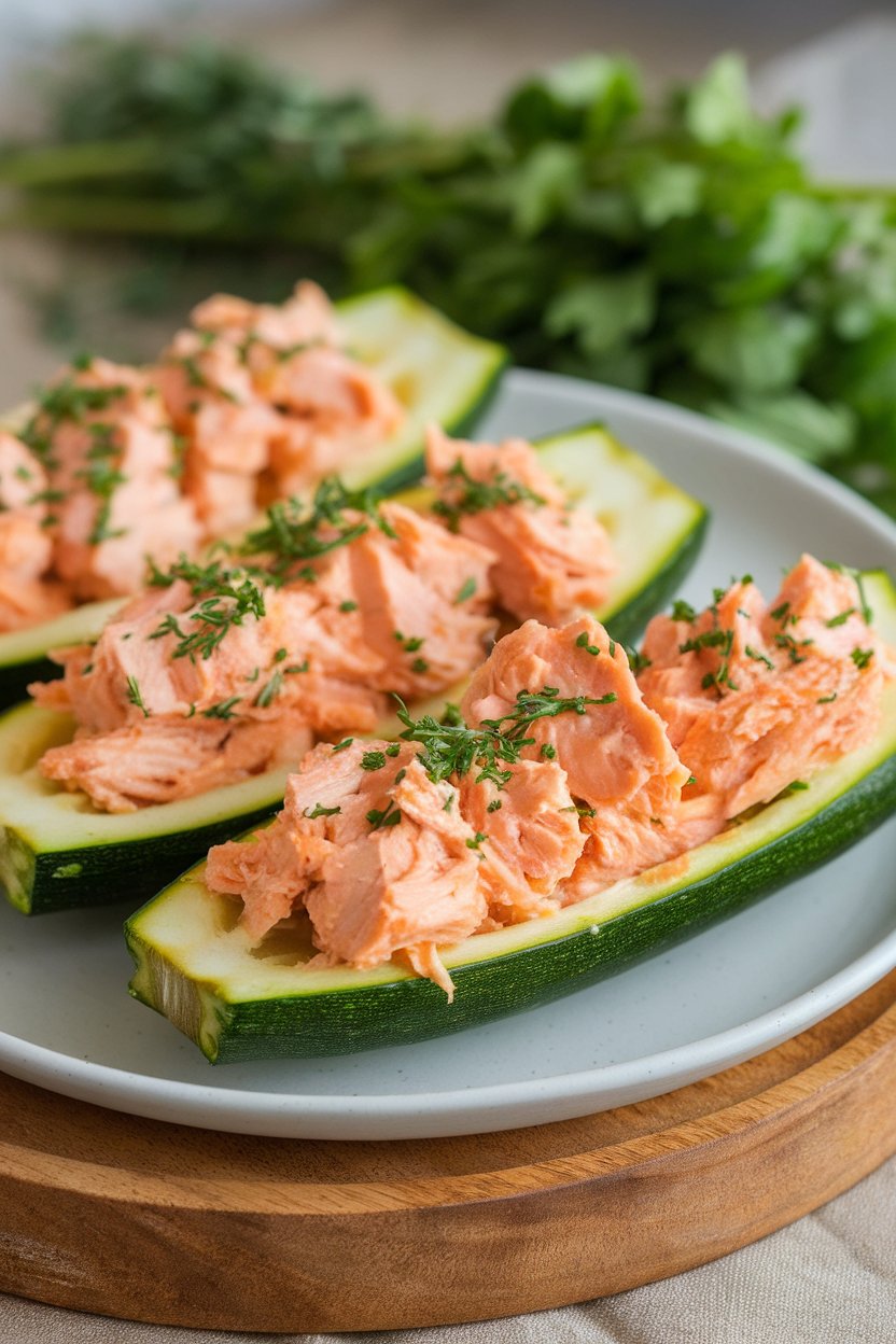 An indoor oven-side view of halved zucchini boats filled with flaky lemon-garlic salmon mixture, tops lightly browned. No logos or text appear.