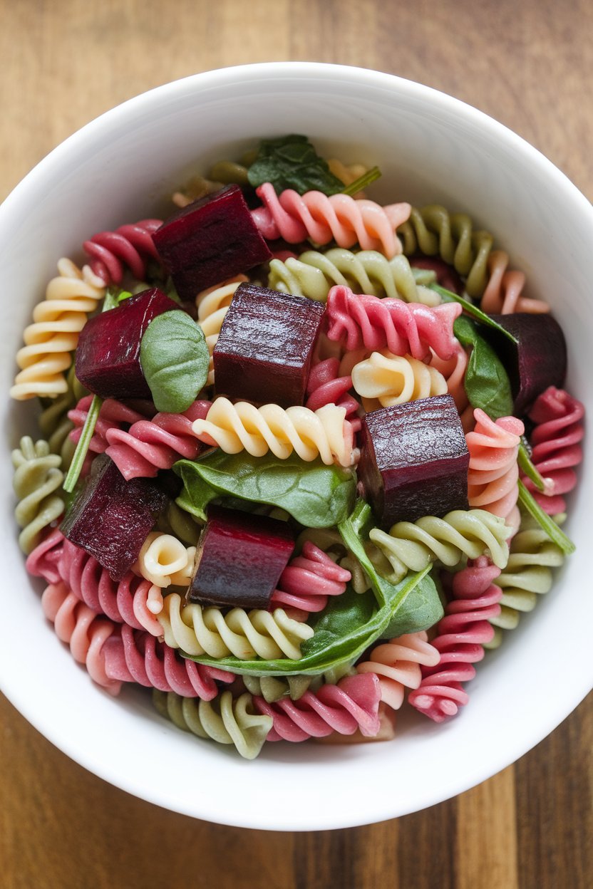 An indoor counter scene showing tri-color rotini with roasted beet cubes and baby spinach in a white bowl; no text or logos.