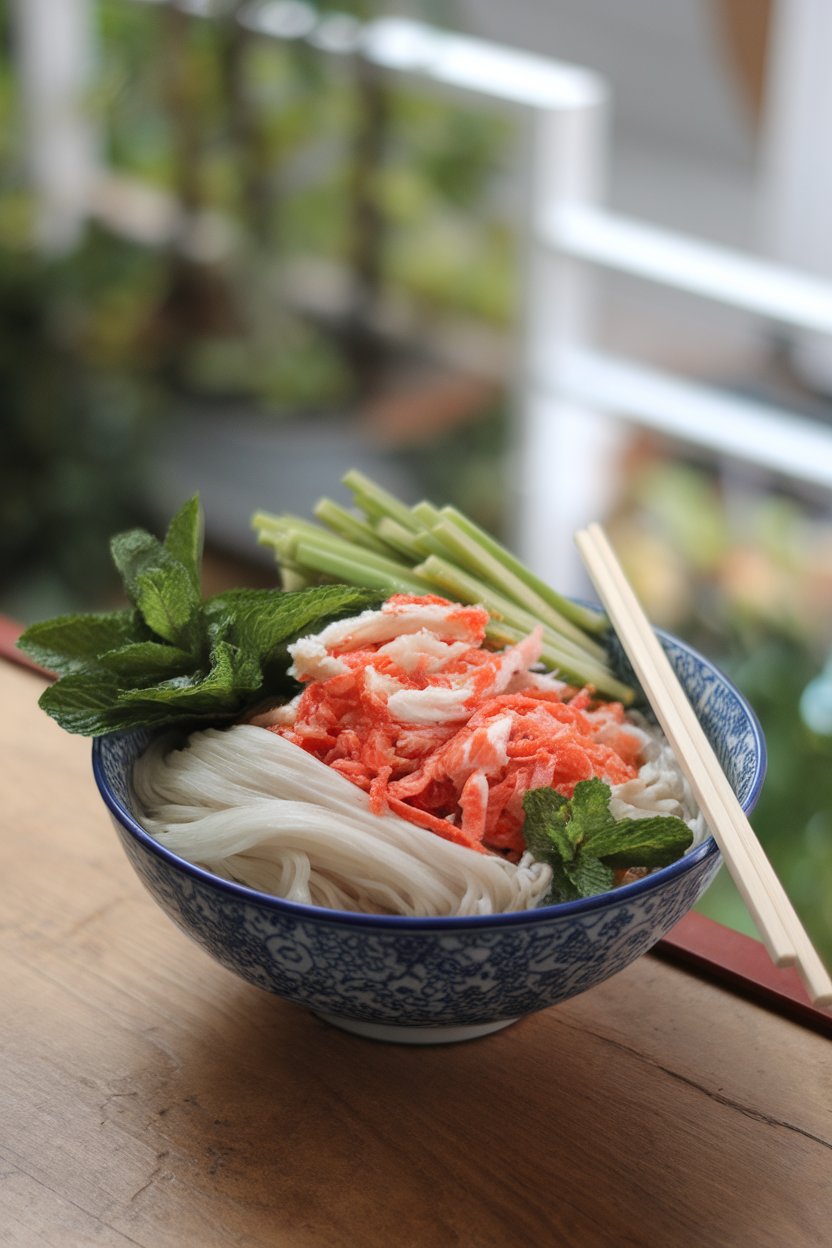Indoor bowl featuring rice noodles, shredded cooked crab, green papaya matchsticks, and mint leaves. No text or logos.