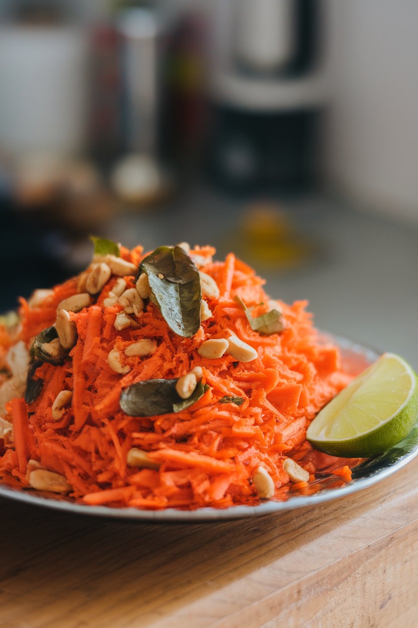 An indoor snack plate filled with bright carrot and peanut sundal, curry leaves peeking through, a wedge of lime on the side. No text or logos. Photo, not illustration.