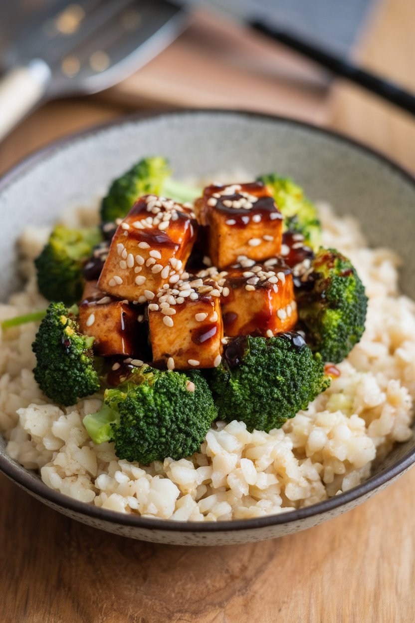 An indoor bowl of sautéed cauliflower “rice” topped with teriyaki-glazed tofu cubes and broccoli florets, sesame seeds sprinkled over. No text or logos; photo, not illustration.