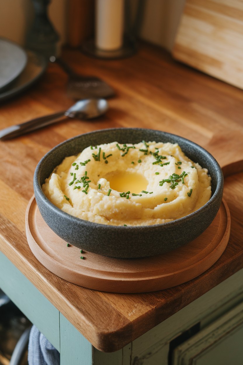 A photo of a rustic indoor kitchen island holding a stoneware bowl of creamy mashed cauliflower topped with finely chopped chives and a small pool of melted butter in the center. No text or logos.