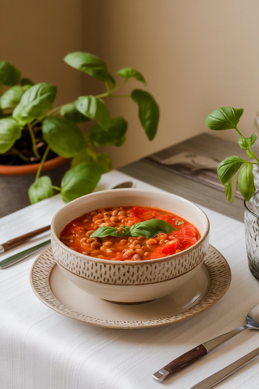 Photo of a bowl of chunky lentil soup with visible tomato pieces and fresh basil leaves, placed on an indoor dining table. No text or logos on bowl or linens.