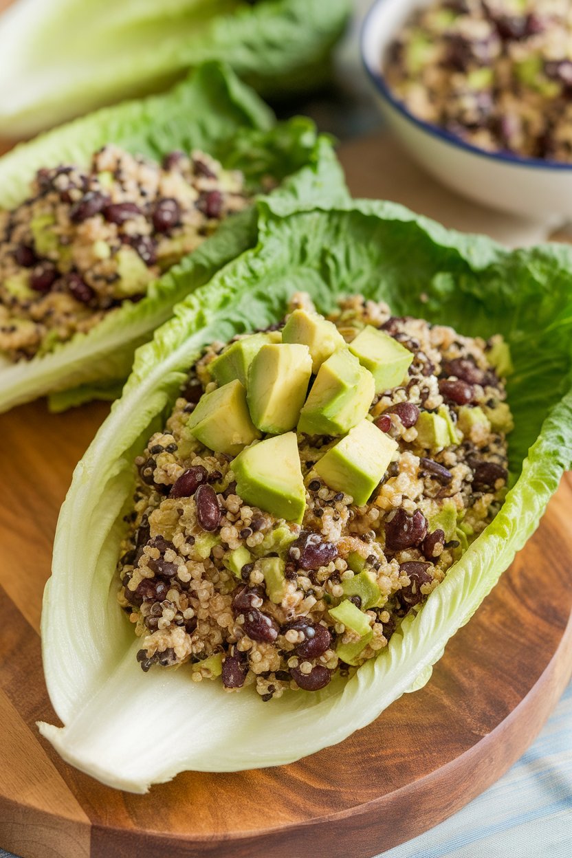 Indoor photo of large romaine leaves filled with quinoa black bean salad, avocado cubes visible. No text or logos.