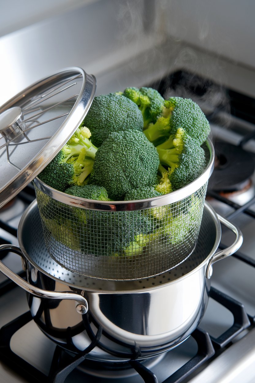 An indoor stovetop with a small steamer basket of vibrant green broccoli above simmering water, lid partly lifted and steam escaping. No text or logos on cookware.