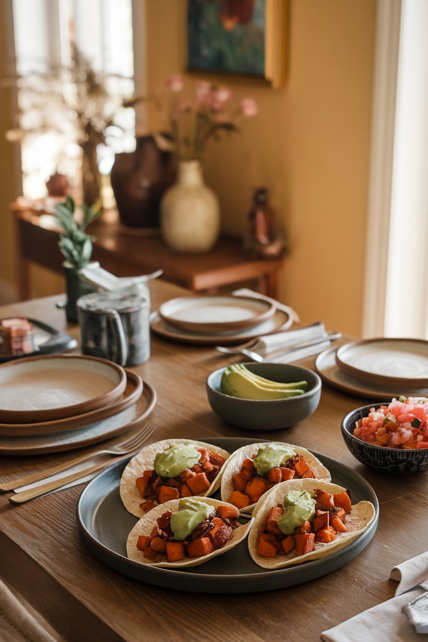 Indoor dinner table with corn tortillas filled with smoky roasted sweet potato cubes, black beans, and avocado crema. No text or logos; photo only.