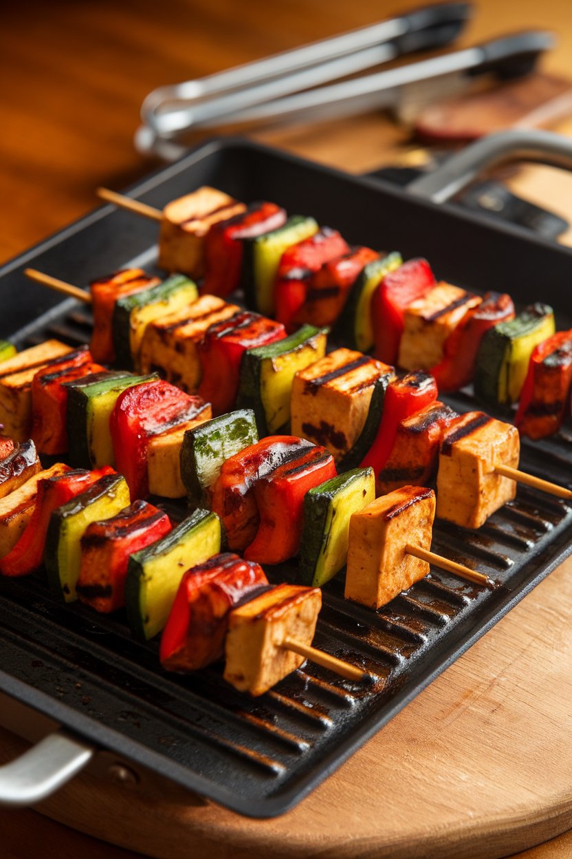 Indoor photo of a grill pan lined with cooked tofu and vegetable kebabs glazed in teriyaki sauce; no text or logos