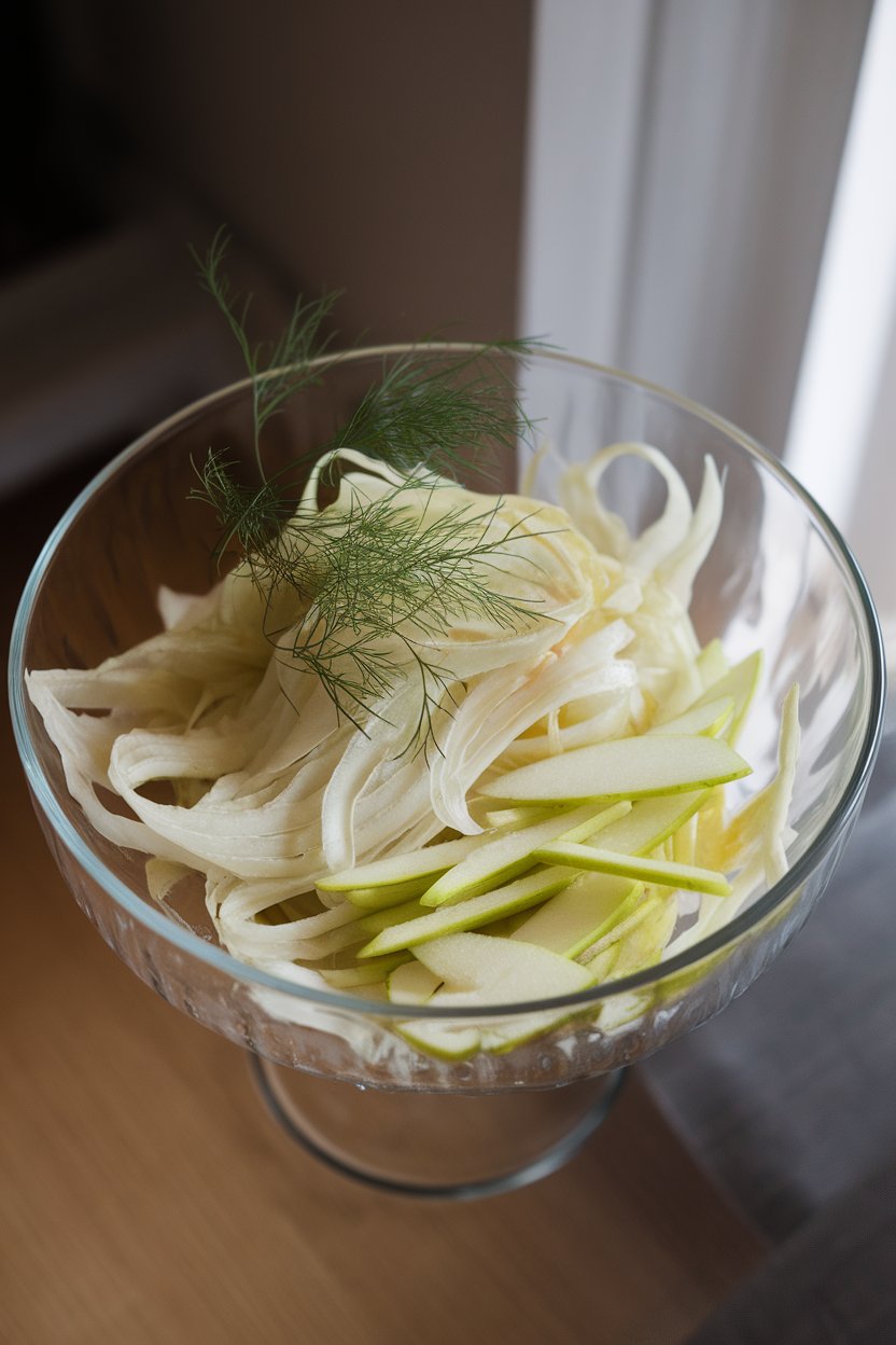 A glass bowl indoors containing thin fennel ribbons, julienned green apple, and a light vinaigrette, garnished with fennel fronds. No text or logos.
