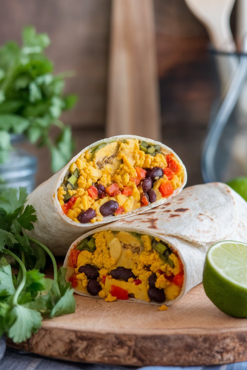 Indoor breakfast scene with a sliced burrito revealing turmeric-yellow tofu scramble, black beans, and diced peppers inside a whole-grain tortilla. No text or logos.