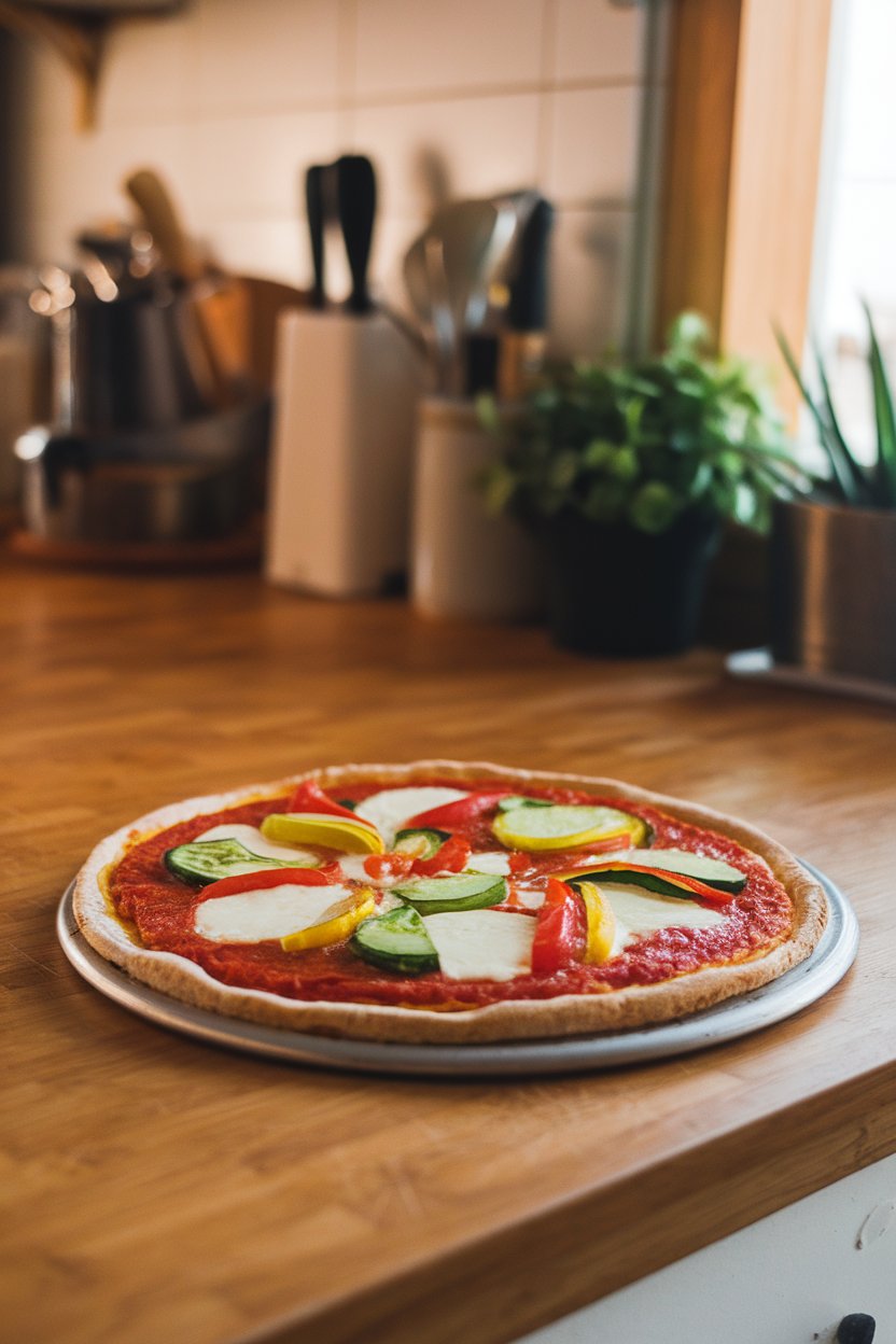 An indoor kitchen island featuring a round pizza with a visibly thin cauliflower crust, topped with tomato sauce, mozzarella, and colorful veggie slices. No text or logos. Photo.