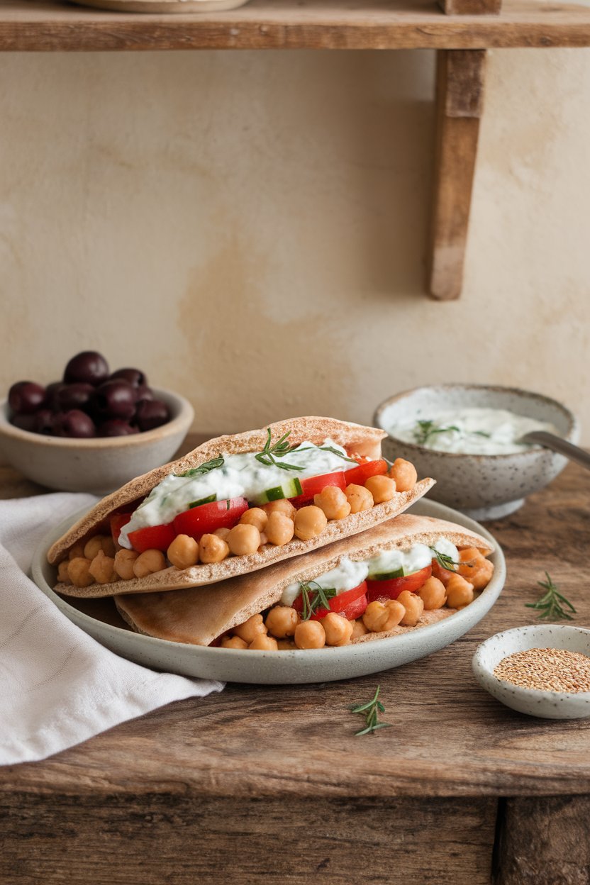 Indoor table presentation of whole-wheat pitas stuffed with oregano chickpeas, tomatoes, cucumber, and dairy-free tzatziki. No brand names or text.