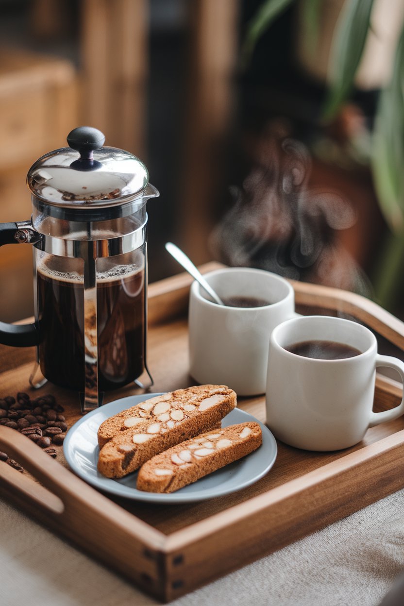 An indoor coffee tray with a French press, steaming mugs, and a plate of almond biscotti, no logos or text. Photo.