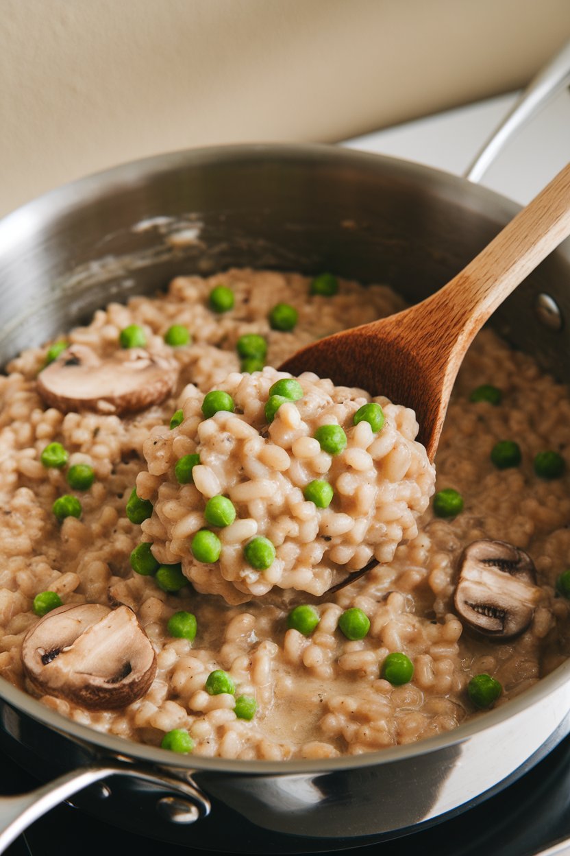 Indoor photo of a saucepan of creamy brown rice risotto with mushrooms and green peas; spoon stirring, no text or logos