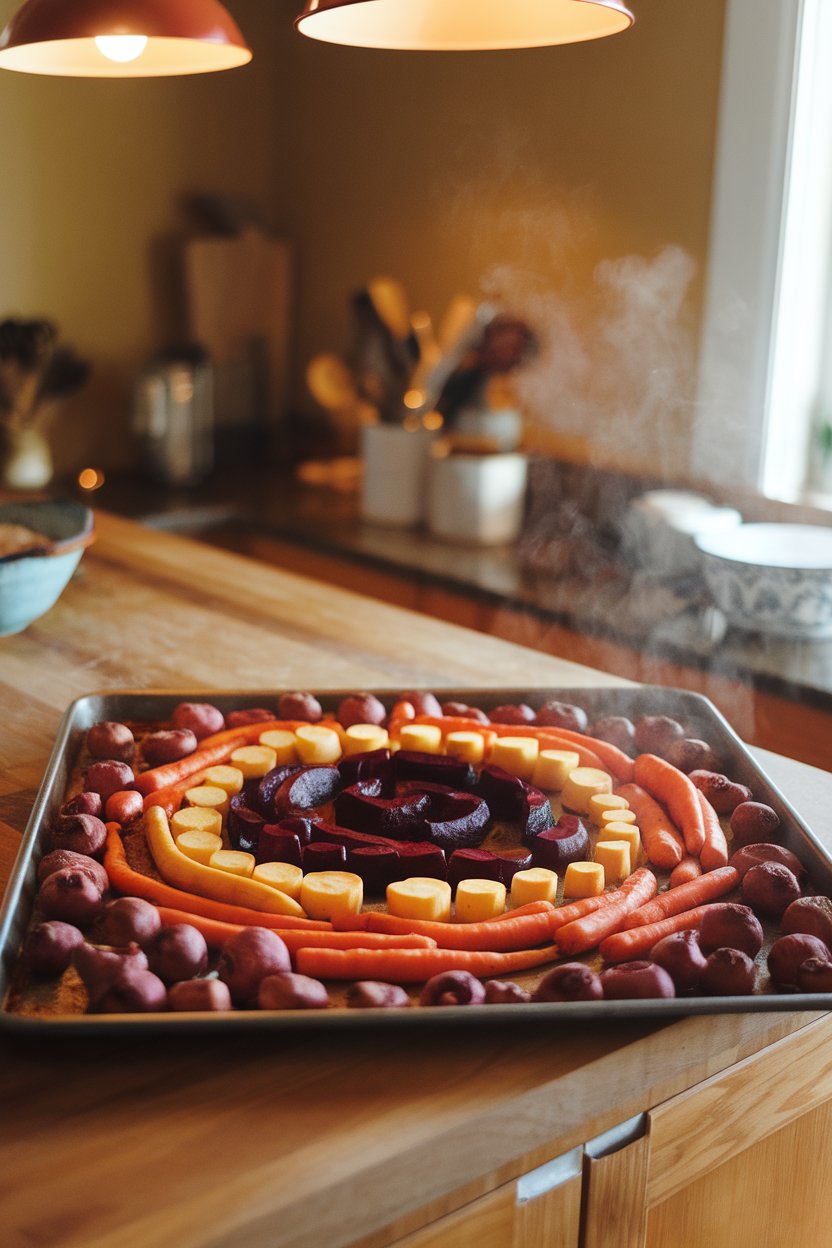Photo of an indoor kitchen island displaying a rainbow of roasted vegetables on a sheet pan, steam visible; warm pendant lighting; no text or logos.