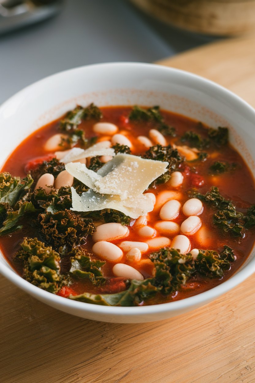 Indoor photo of a bowl containing white beans and wilted kale in light tomato broth, sprinkled with parmesan shavings, no text or logos