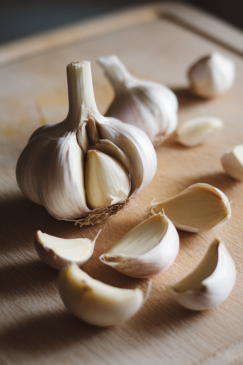 Photo of a garlic bulb and separated cloves on an indoor cutting board, side lighting showing texture, no text or logos