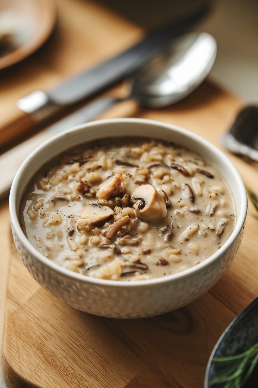 Indoor photo of creamy mushroom wild rice soup, chunks of mushroom and long grains visible, in cozy lighting; no text or logos