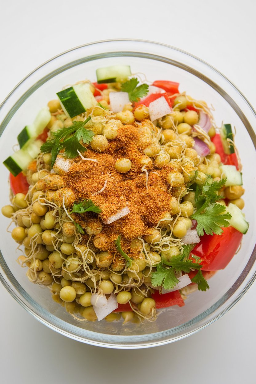 A bright indoor shot of a glass bowl filled with sprouted green gram tossed with diced cucumber, tomato, onion, and coriander, a light sprinkle of chaat masala on top. No text or logos. Photo, not illustration.