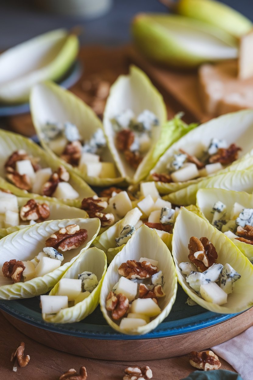 Indoor platter of crisp endive leaves filled with diced pear, walnut pieces, and blue cheese crumbles. No logos or text present.