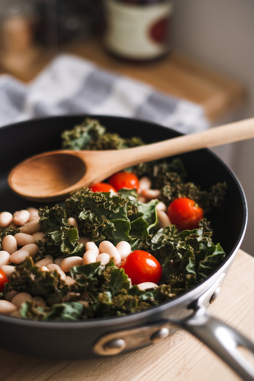 Indoor photo of a skillet with wilted kale, white beans, and cherry tomatoes, wooden spoon resting inside. No text or logos.