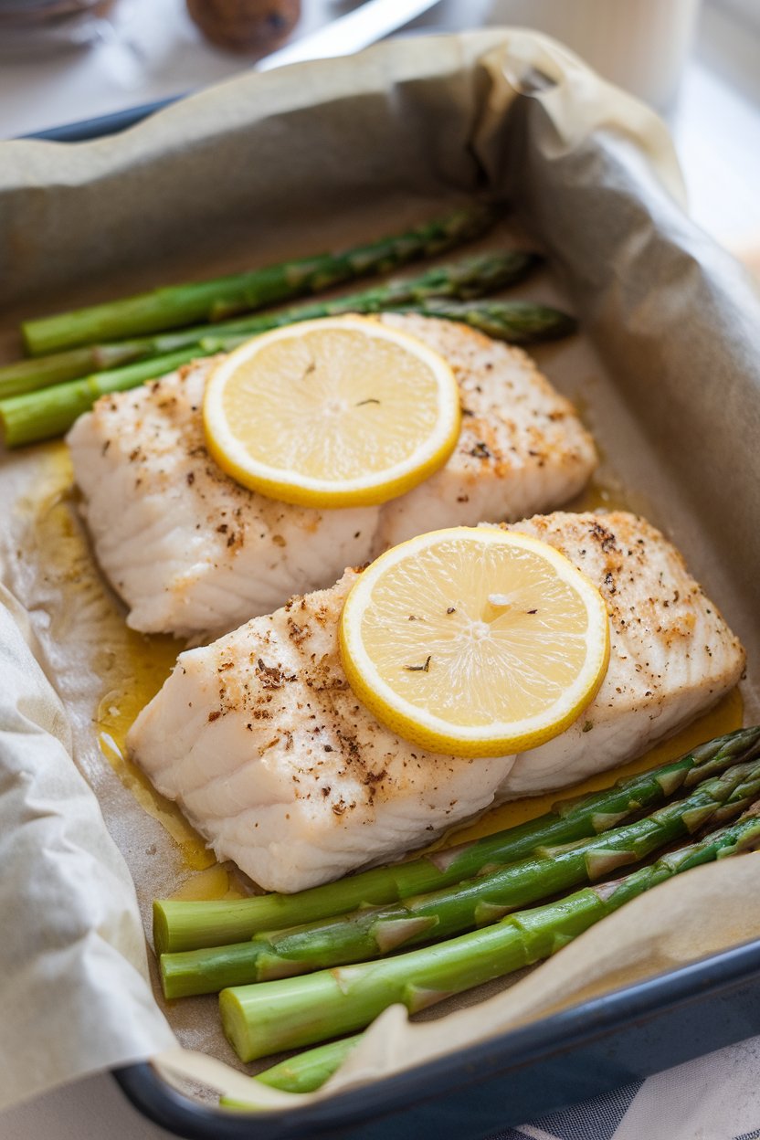 A parchment-lined baking dish indoors holding flaky baked cod fillets with lemon slices on top and tender asparagus spears alongside. No text or logos.