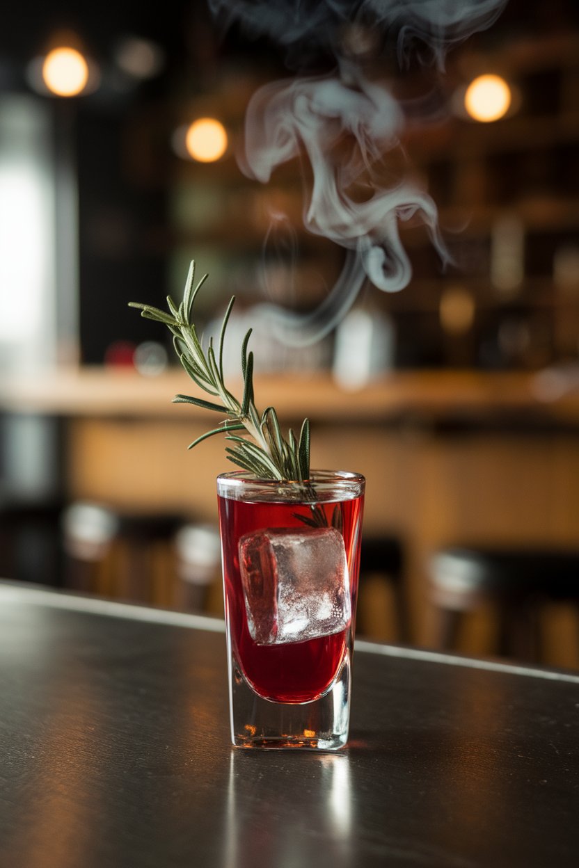 Photo of ruby-red shots with rosemary smoke wafting lightly, indoor bar; no branding.