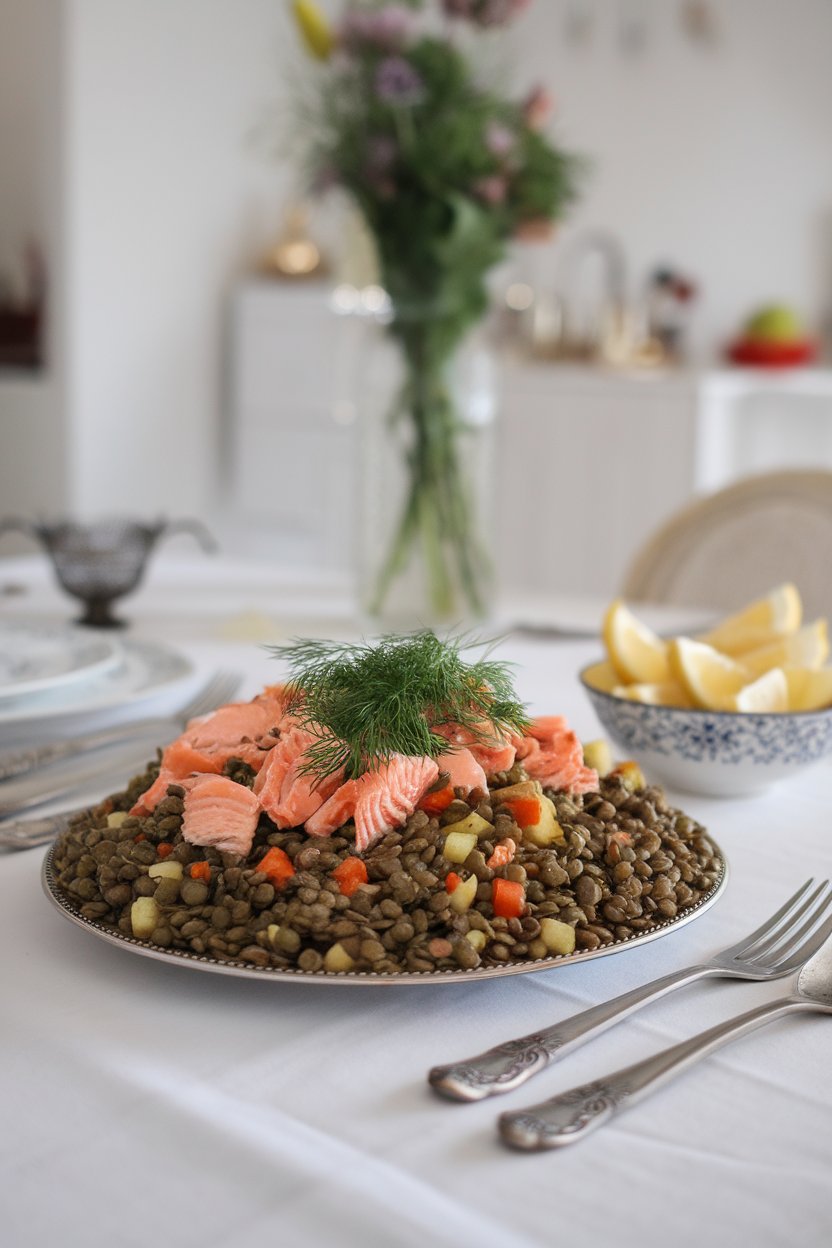 An indoor dining table holding a platter of green lentils mixed with diced vegetables and flaked salmon, topped with fresh dill. No text or logos evident.