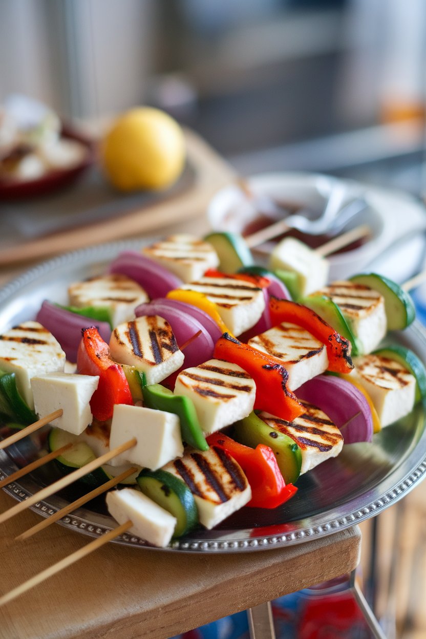 An indoor platter showing cooked skewers threaded with halloumi cubes, bell peppers, zucchini rounds, and red onion, grill marks visible; no text or logos.