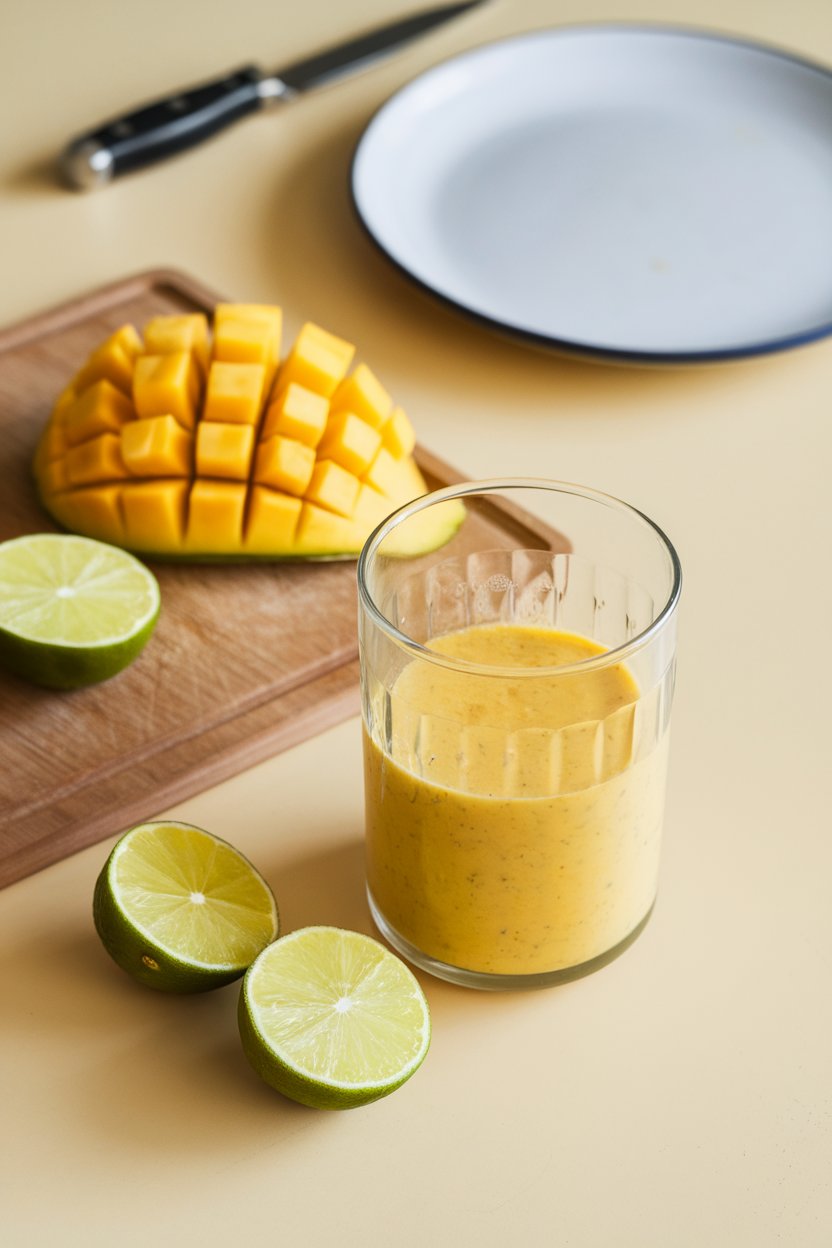 An indoor tabletop with a blender glass of sunny mango lime dressing, diced mango pieces, and lime halves on a cutting board. Photo, not illustration. No text or logos.