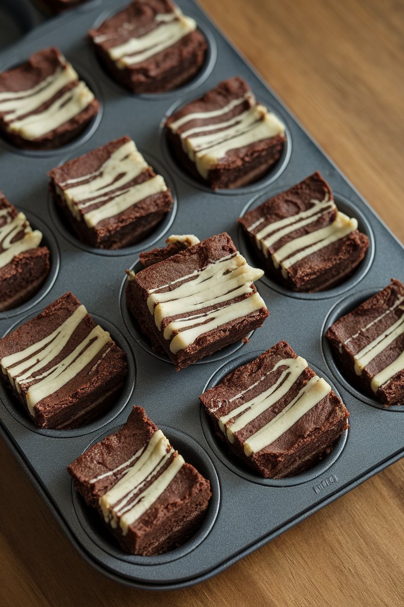 Indoor mini muffin tin with small brownie bites swirled with pale tahini ribbons. No text or logos.