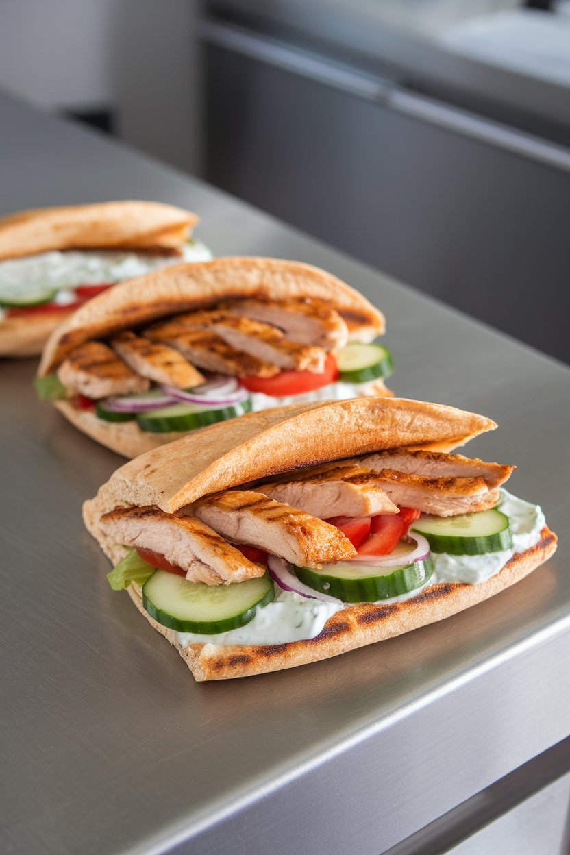 An indoor counter with whole-wheat pita halves stuffed with grilled chicken strips, cucumber, tomato, red onion, and tzatziki; no text or logos; photo