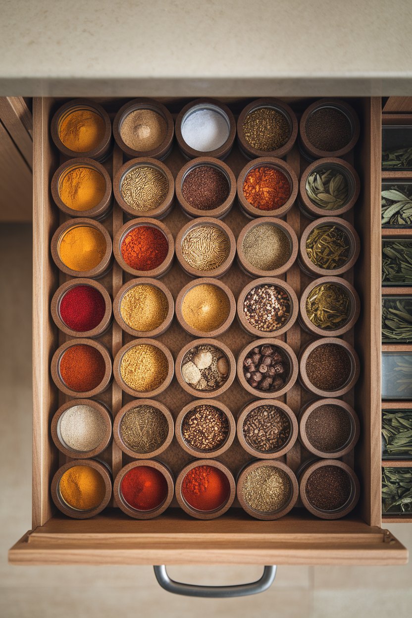 Overhead shot of a wooden spice drawer filled with colorful ground spices and dried herbs inside unlabeled glass jars.