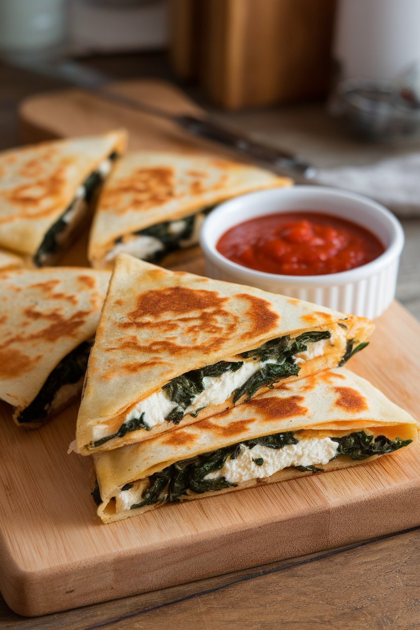 An indoor cutting board displaying golden-brown quesadilla wedges oozing ricotta and chopped spinach, with a side of marinara for dipping. Photo only, no text or logos.
