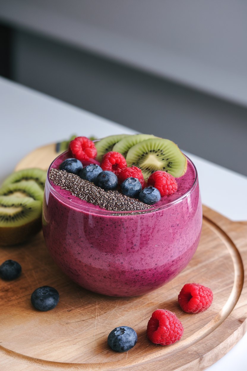 Photo, indoors, vibrant magenta smoothie bowl topped with assorted berries, chia seeds, and sliced kiwi. No text or logos.