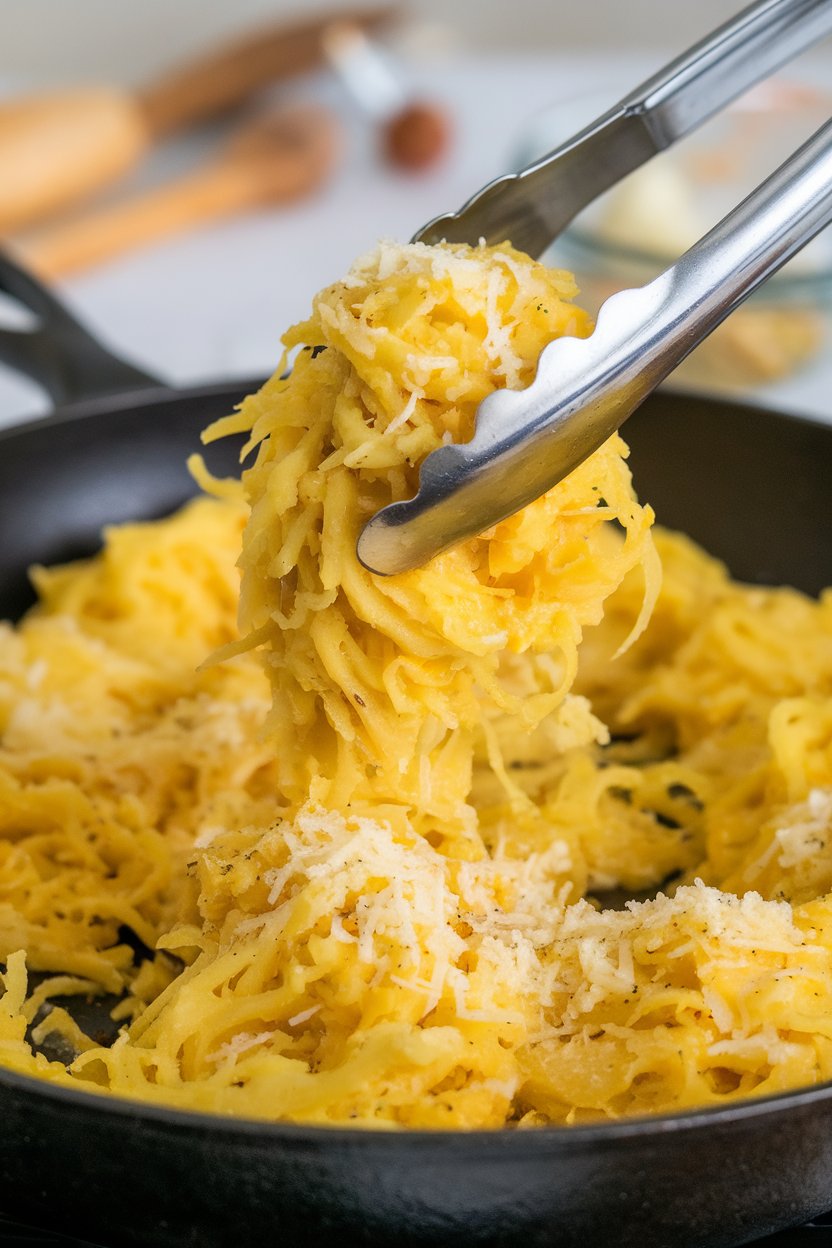 Indoor food photo of spaghetti squash strands tossed with garlic and Parmesan in a skillet, tongs lifting a twirl; no text or logos.